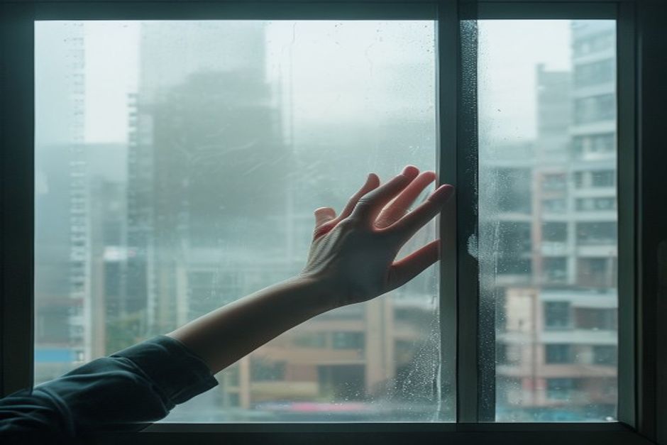 김 서린 창유리를 닦는 모습